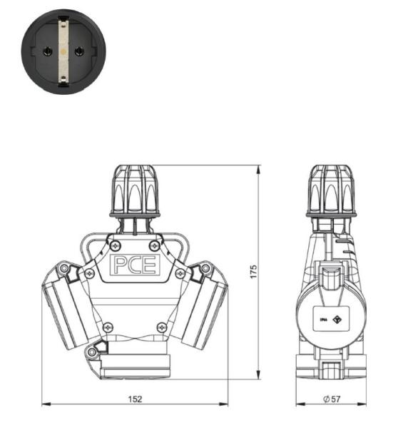 PCE 3-Wegekupplung Vollgummi mit Klappdeckel 253622-S , 250V, 16A, 2P+E, TPE, IP44